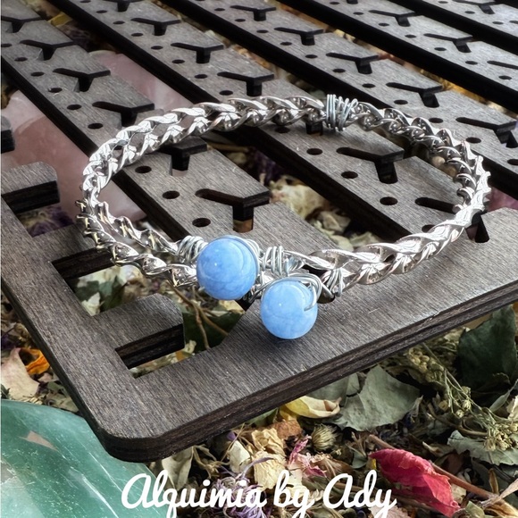 Silver and aquamarine bangles bracelet stack - Picture 2 of 2